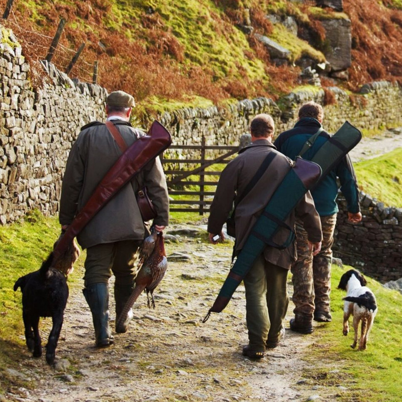 SEARCH / ASK / SUGGEST - Men in a field walking dogs with their shotguns.